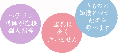 ベテラン講師が直接個人指導・道具は全く用いません・きものの知識とマナー、心得を学べます